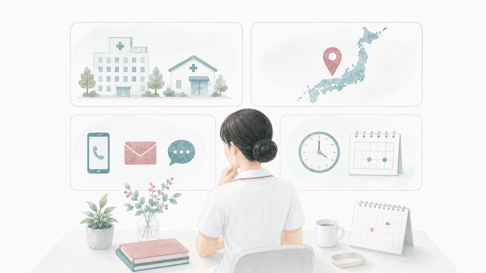 施設形態・地域・連絡手段・転職時期という四条件を整理する看護師のイラスト