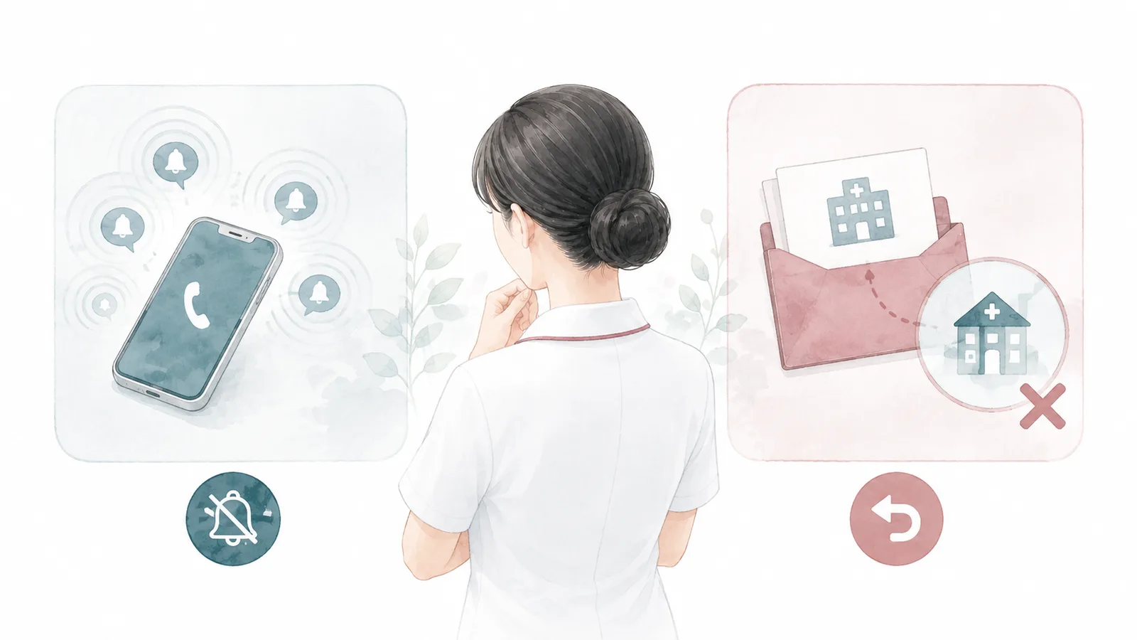 連絡の多さと希望に合わない求人という二つの注意点を整理する看護師のイラスト