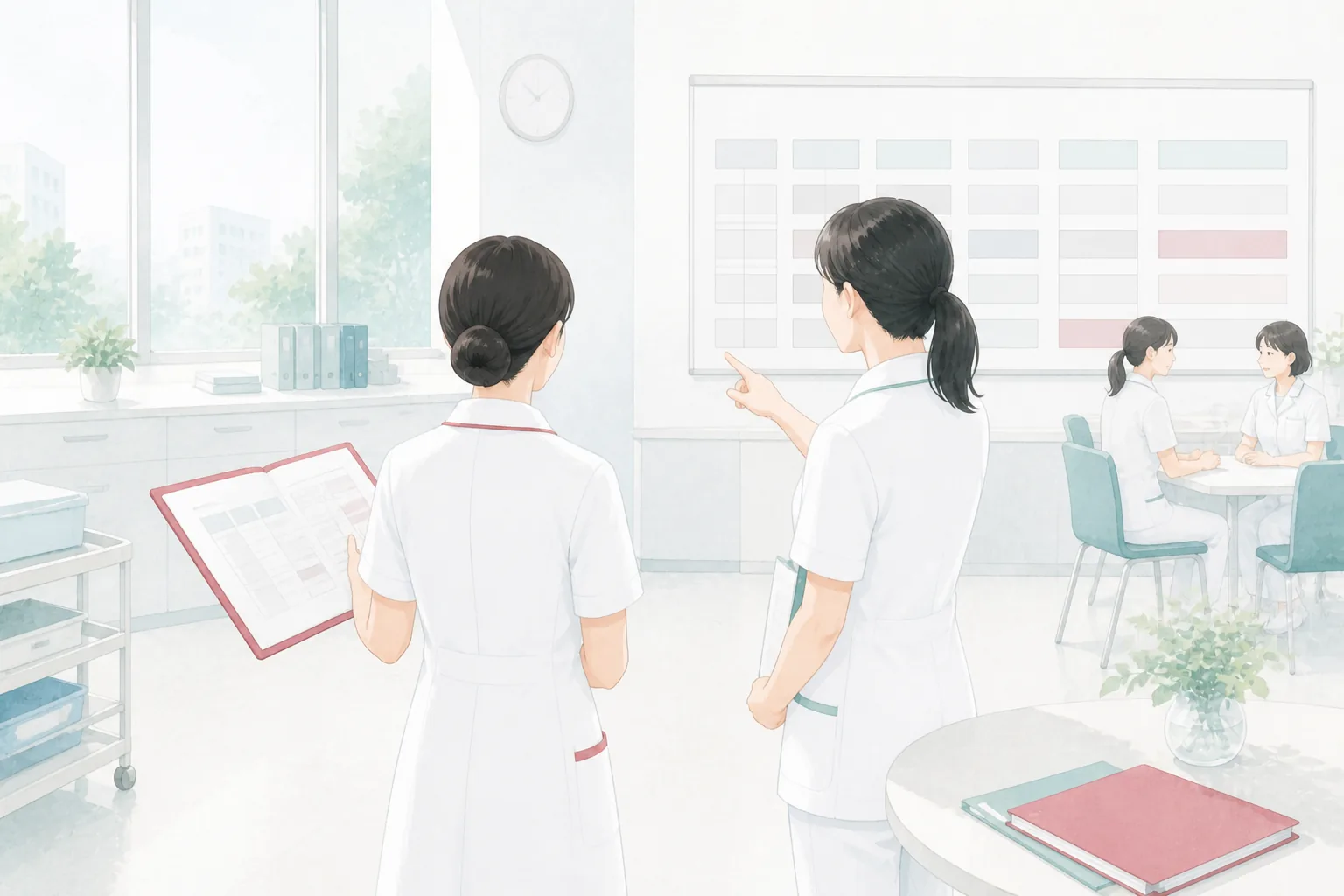 職場見学で勤務条件や職場の様子を確認する看護師のイラスト