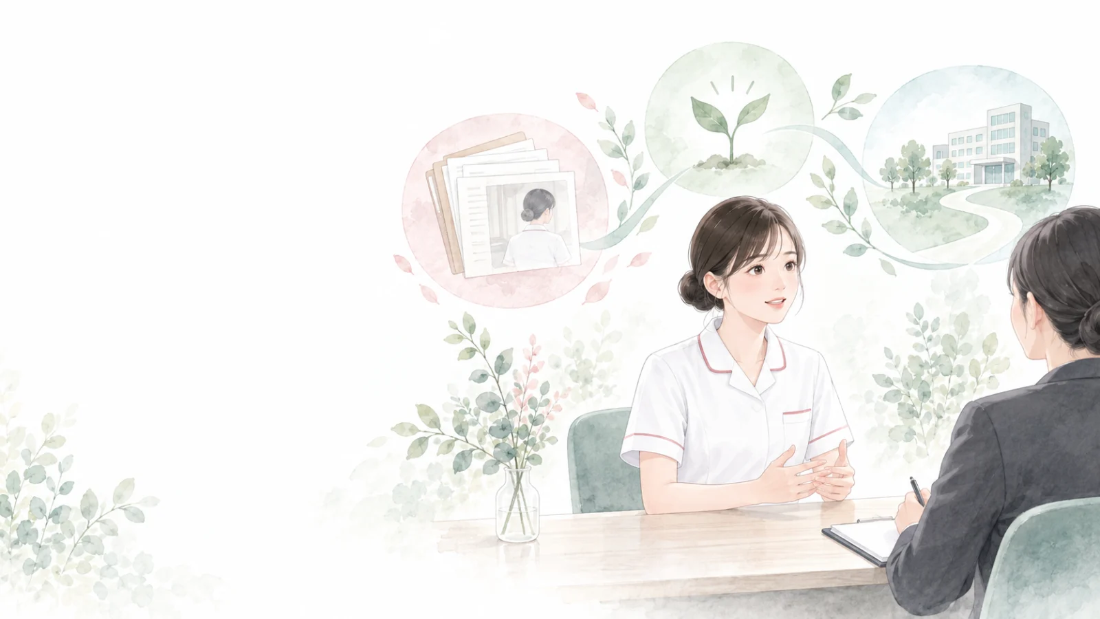 退職理由を落ち着いて伝える看護師の面接風景のイラスト