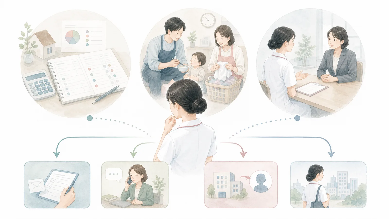 家計・家族の協力・職場の姿勢から次の選択を考える看護師のイラスト