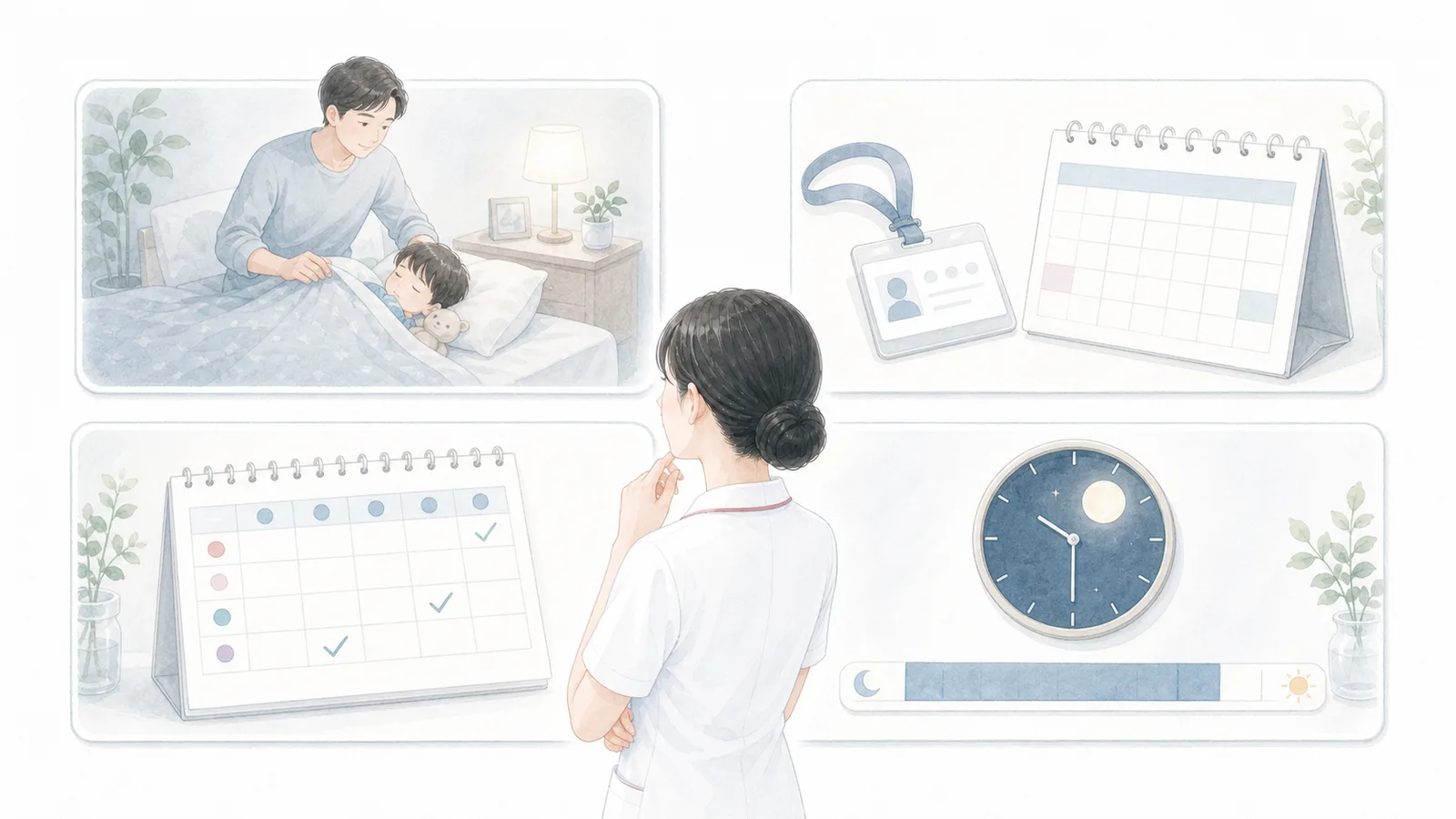 夜勤免除の対象外となる四つの条件を確認する看護師のイラスト