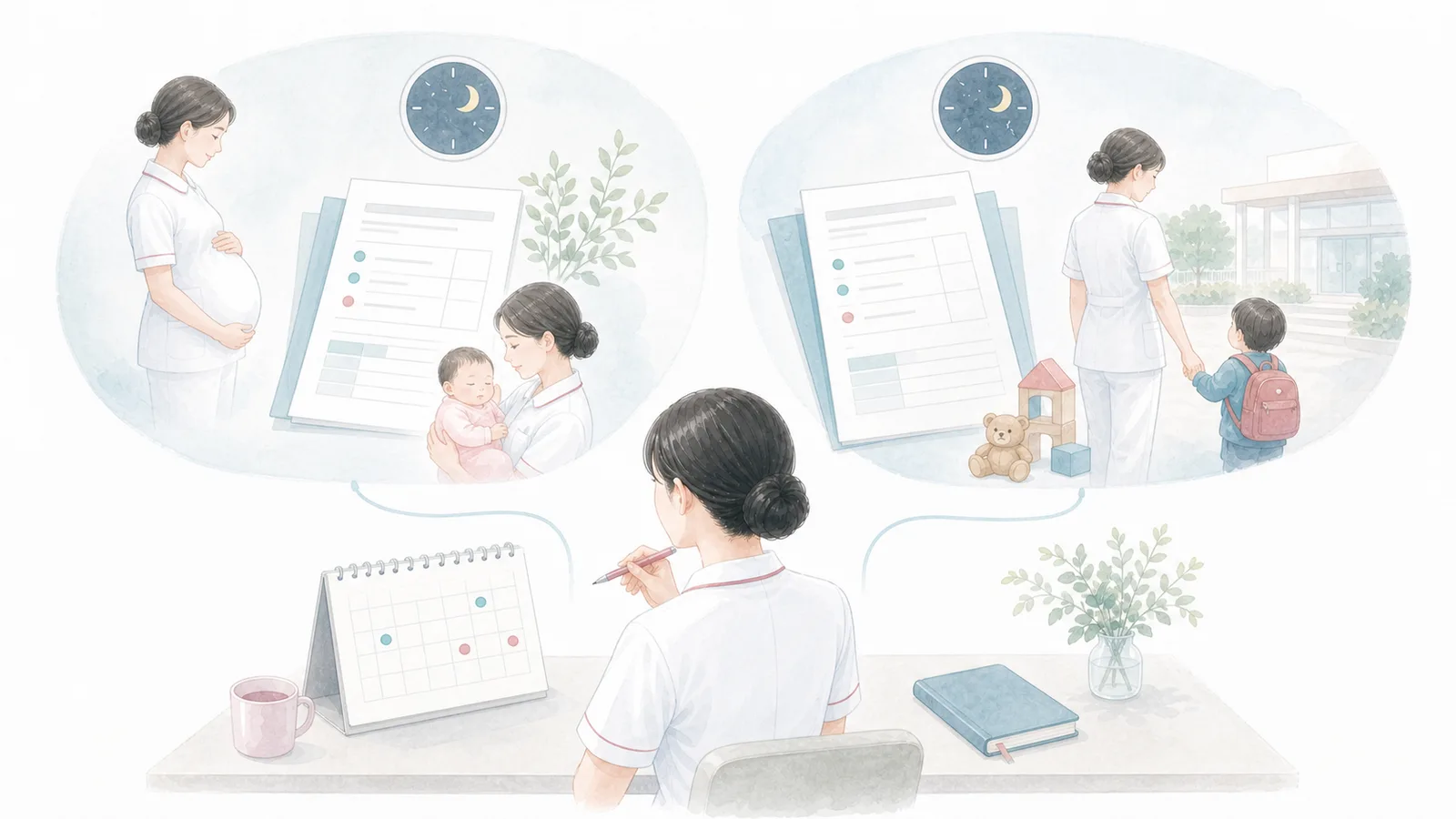 出産後の時期によって異なる二つの夜勤免除制度を確認する看護師のイラスト