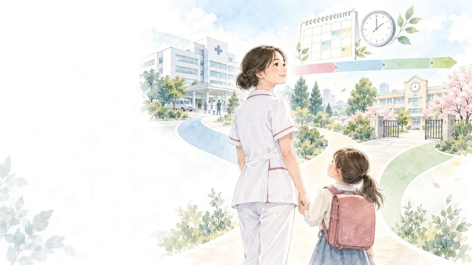子どもの就学前に夜勤免除後の働き方を考える看護師のイラスト