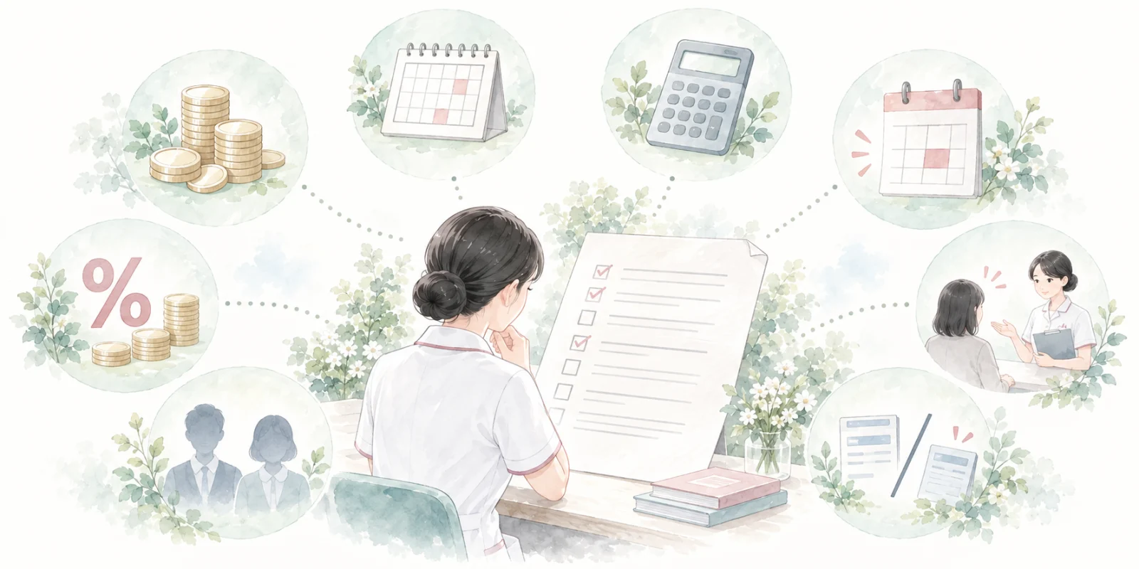 奨学金契約で確認する八つの項目を整理するイラスト