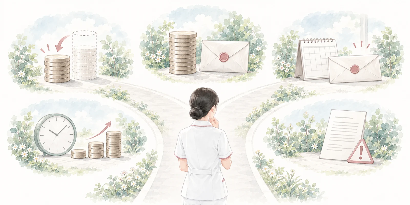 按分、全額、一括、利息延滞、違約金という返済パターンを比較するイラスト