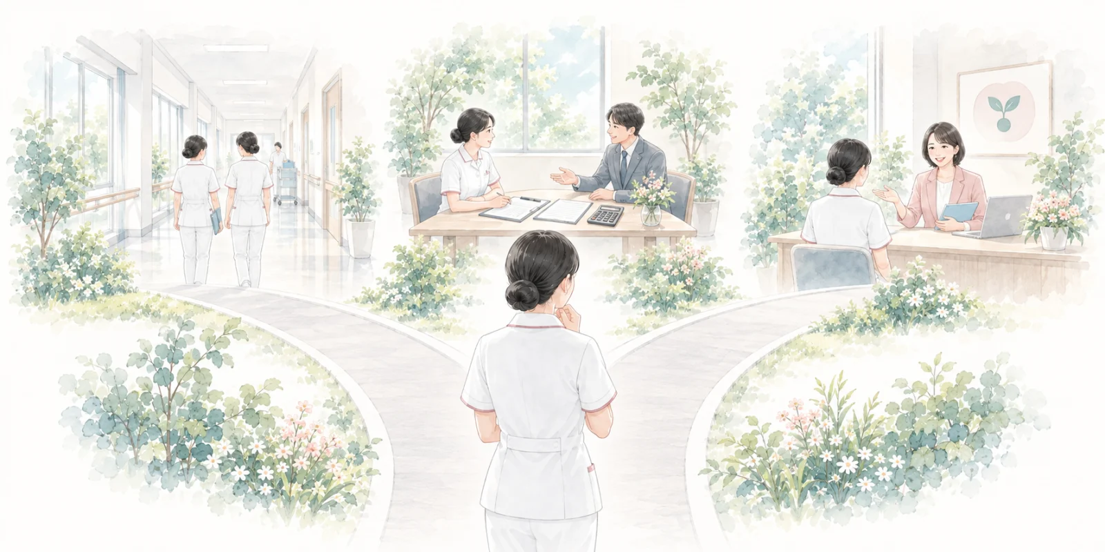 続ける、交渉する、相談する三つの選択肢を考える看護師のイラスト