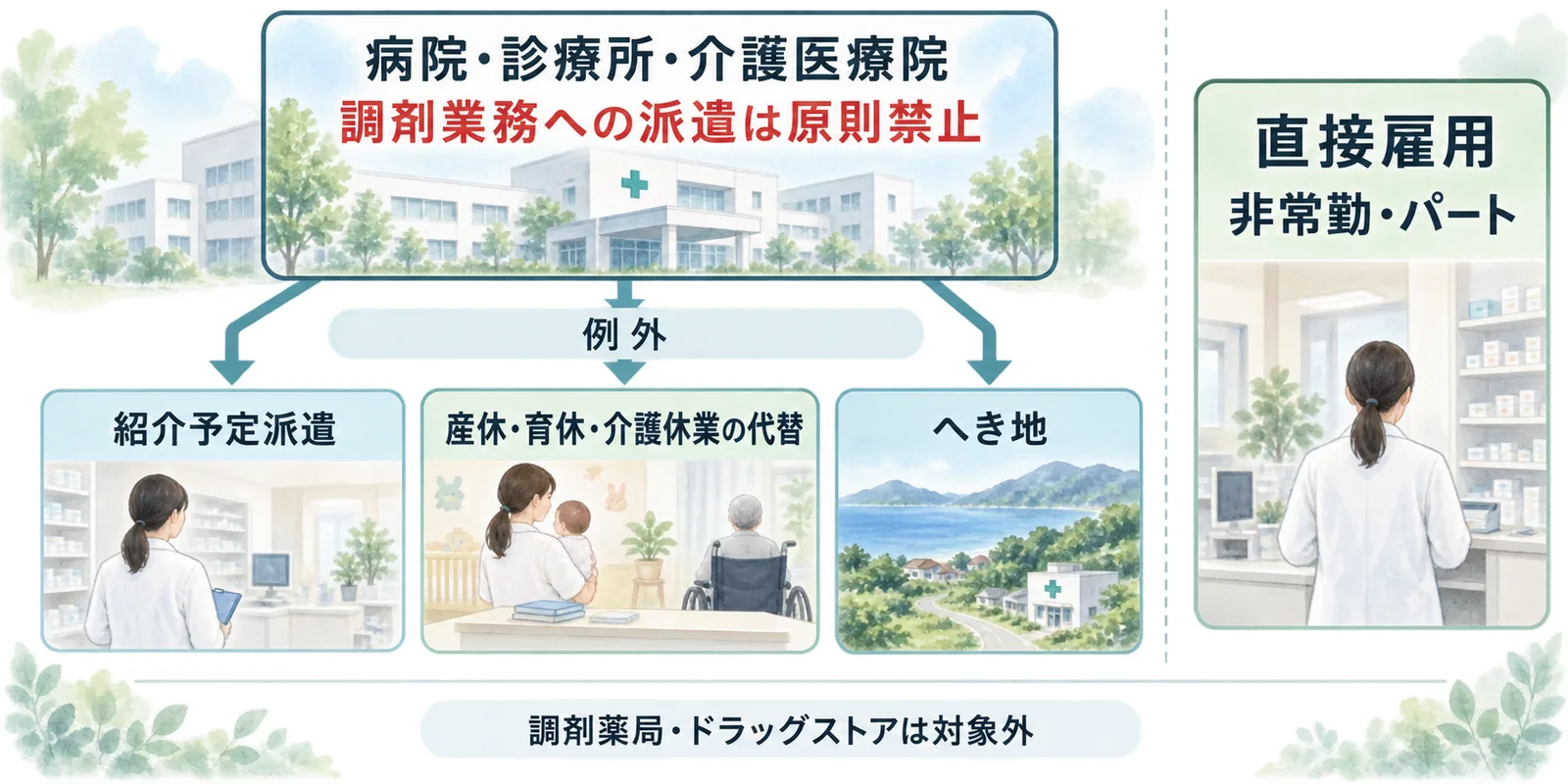 病院・診療所・介護医療院の調剤業務への派遣は原則禁止。例外は紹介予定派遣、産休・育休・介護休業の代替、へき地。直接雇用の非常勤・パートは別の経路で、調剤薬局・ドラッグストアは対象外