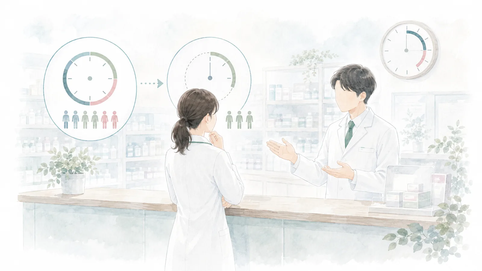 薬局の時計を見ながら育休明けの時短勤務を相談する薬剤師のイラスト