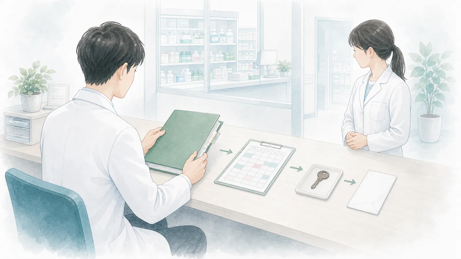 管理薬剤師が退職に向けた引き継ぎの段取りを整理するイラスト