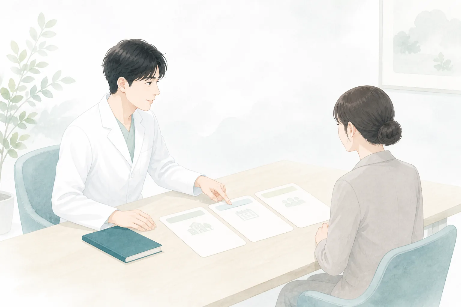 希望条件を示しながら担当者と話し合う薬剤師のイラスト