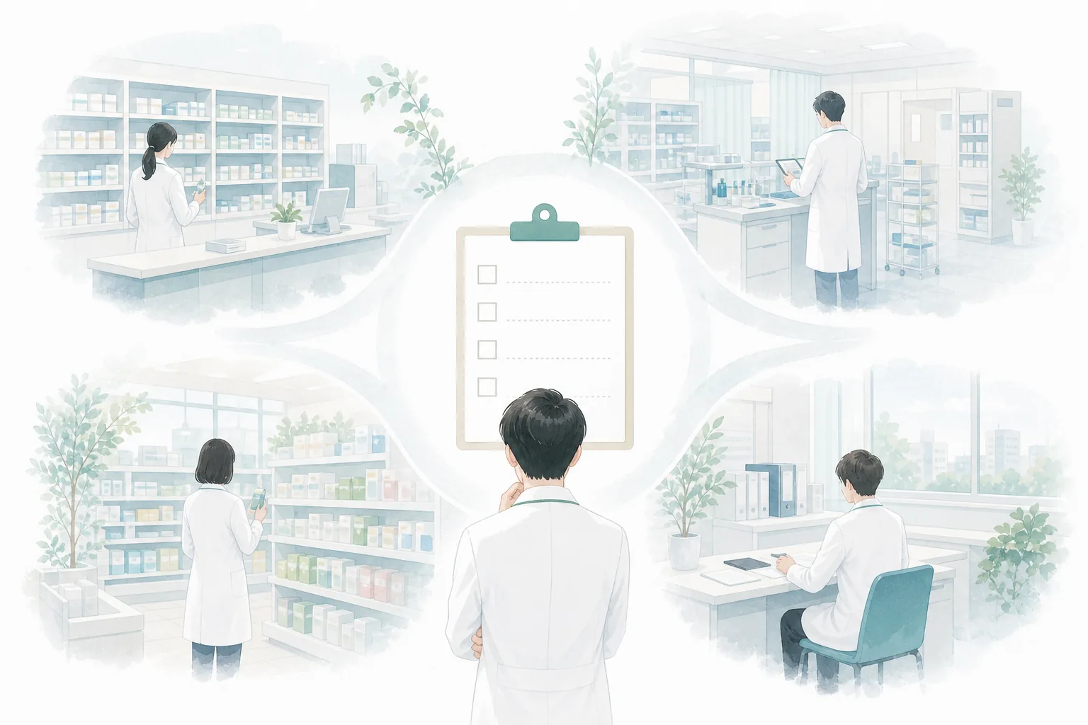 薬局、病院、店舗、企業の職場環境を比べる薬剤師のイラスト