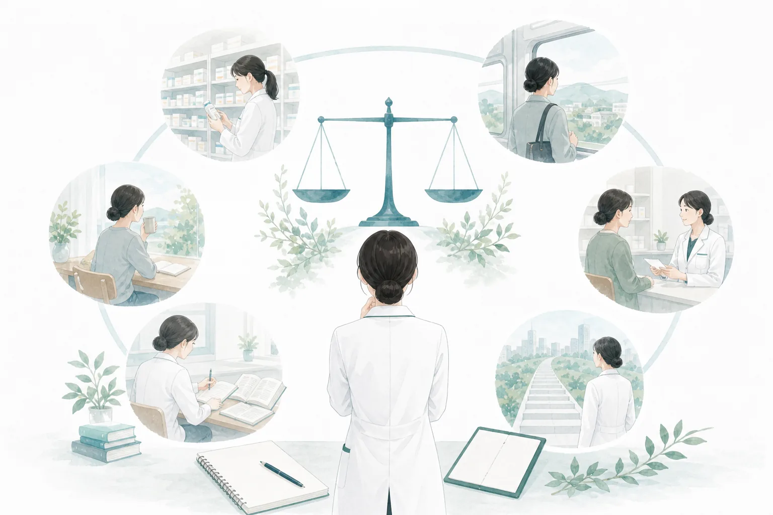 収入と働き方、学び、通勤などのバランスを考える薬剤師のイラスト