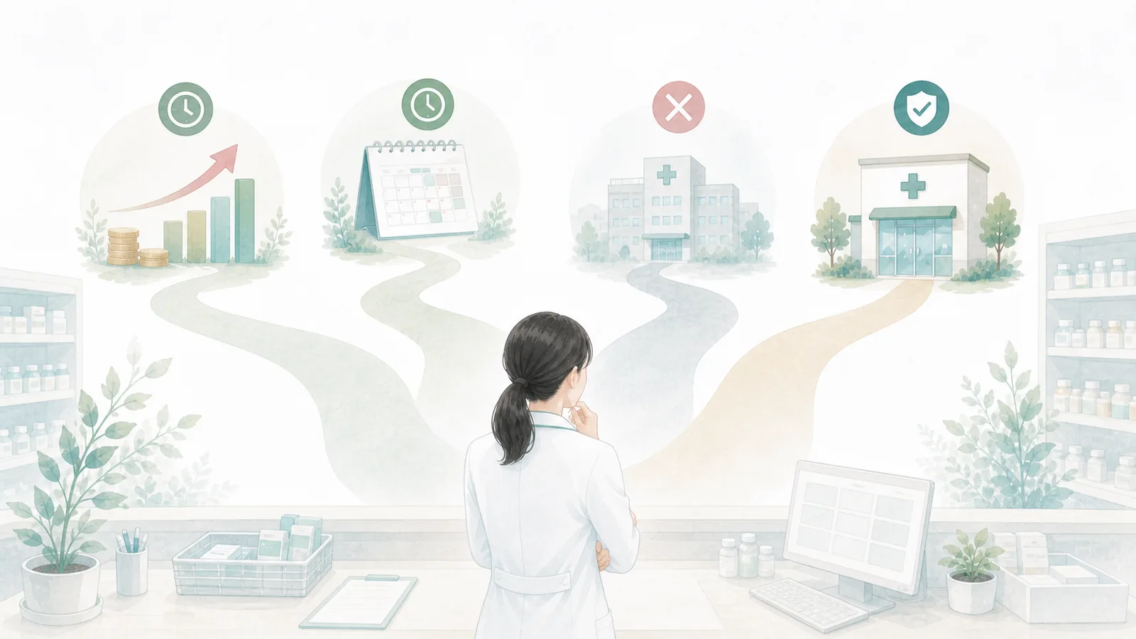派遣薬剤師の収入・契約期間・勤務先・長期キャリアを比較するイラスト