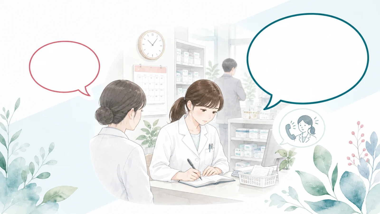 職場で受けた言動を記録する薬剤師と二つの吹き出しのイラスト