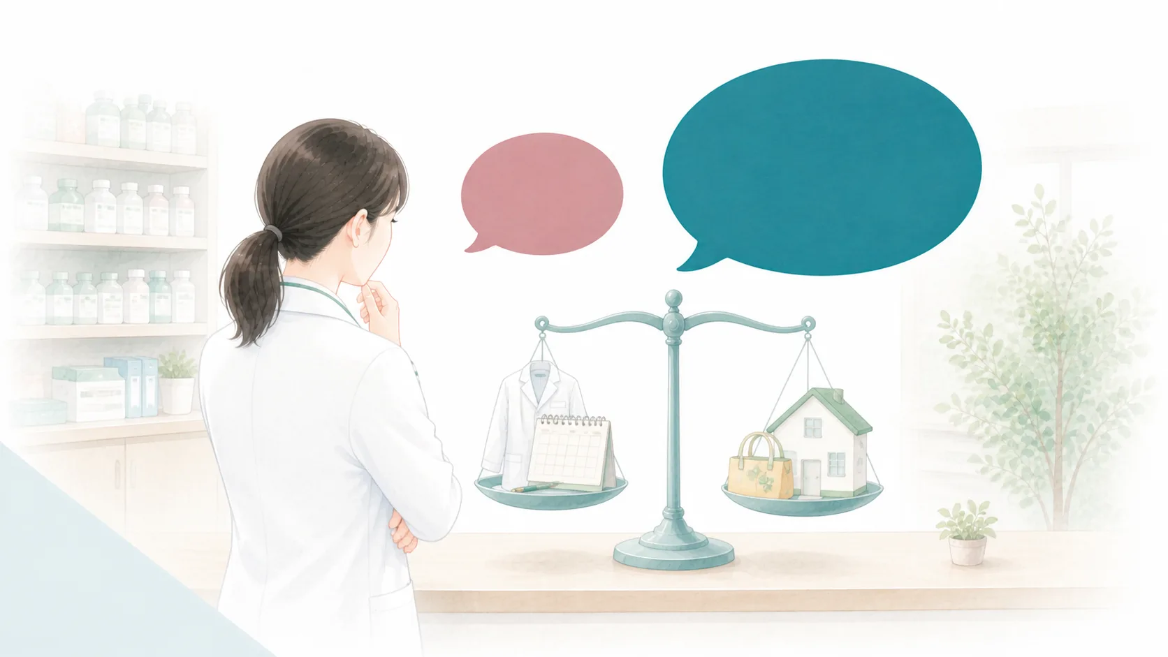 パート勤務と家庭の時間を天秤で比べる薬剤師と二つの吹き出しのイラスト