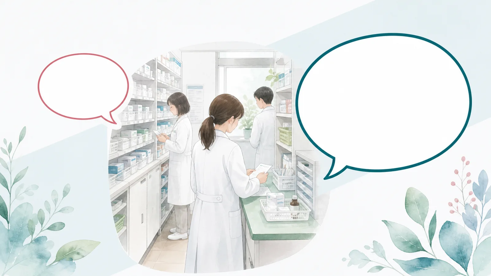 狭い調剤室で人間関係への対応を考える薬剤師と向かい合う二つの吹き出しのイラスト